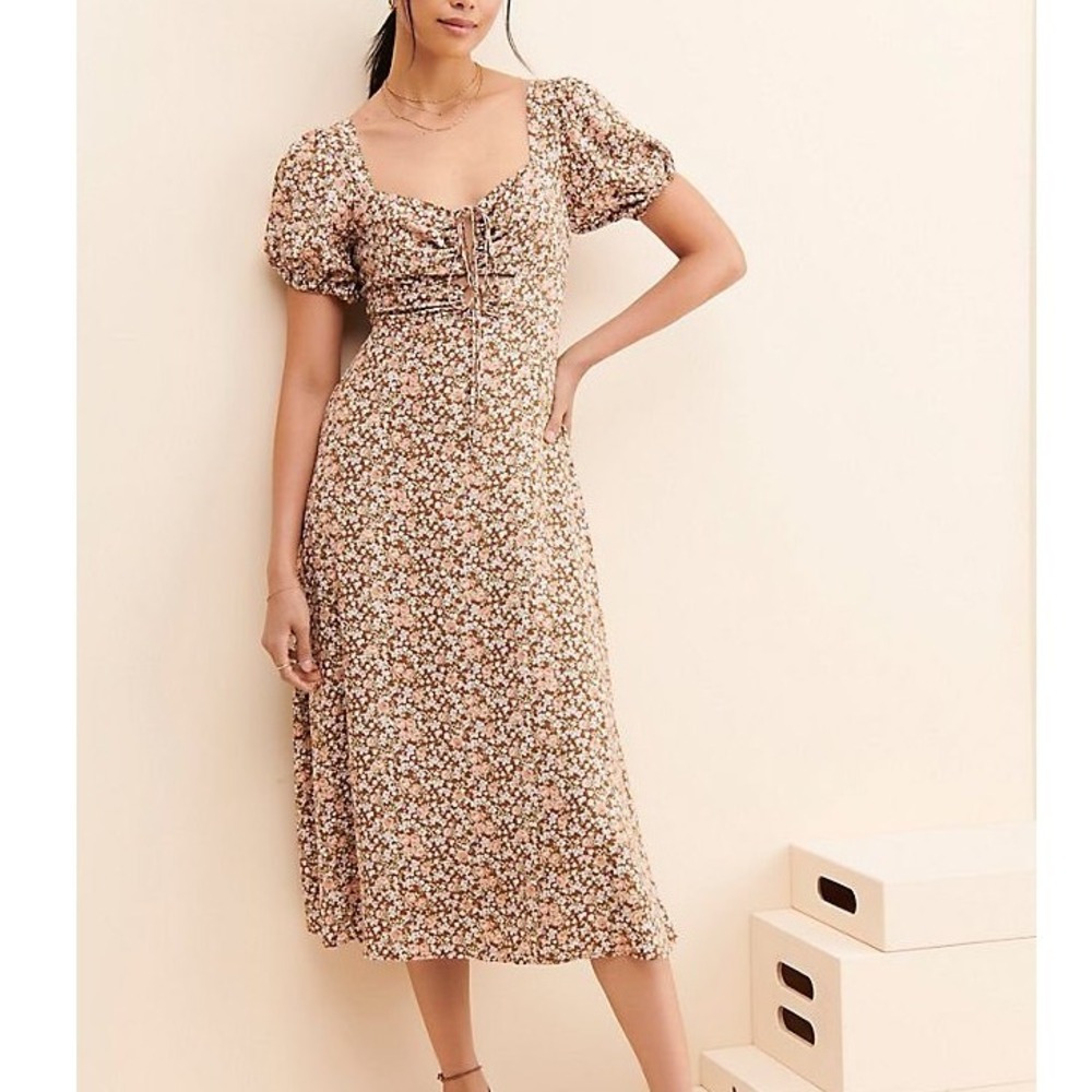 ASTR the Label Floral Midi Dress Size XS Milkmaid Cutouts Puff Sleeve Brown Pink